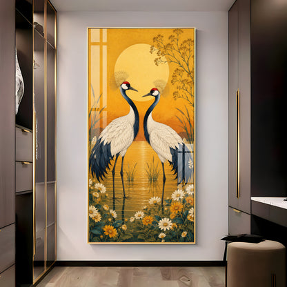 Golden Sunset Crane Birds Premium Acrylic Vertical Wall Art