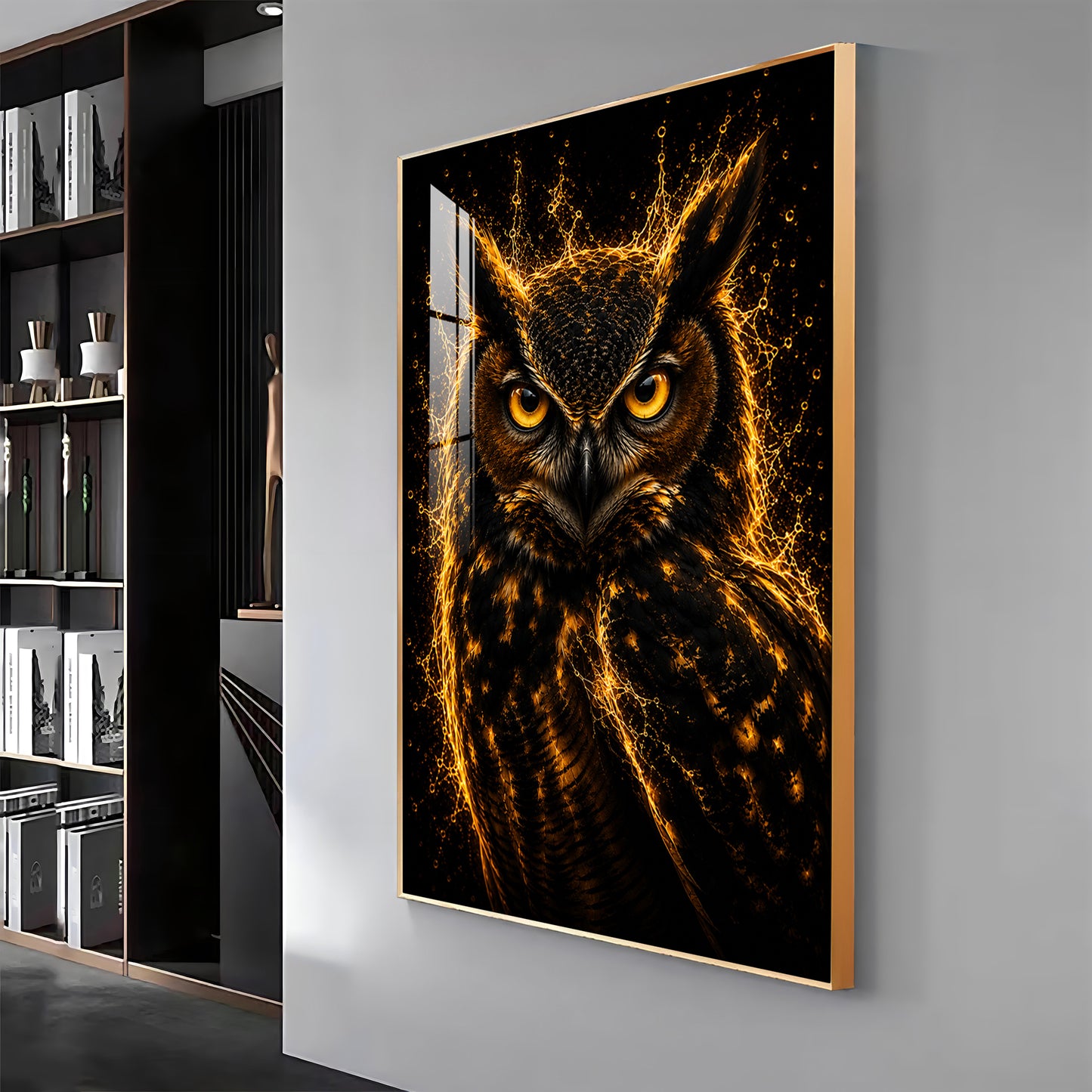 Golden Flame Owl Premium Acrylic Vertical Wall Art