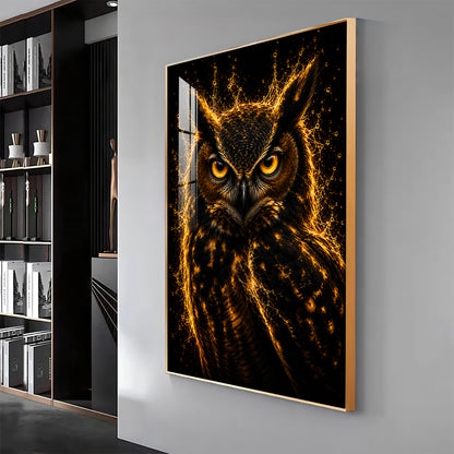 Golden Flame Owl Premium Acrylic Vertical Wall Art