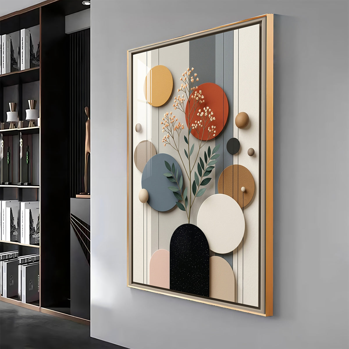 Modern Geometric Spheres with Floral Branch Premium Acrylic Vertical Wall Art