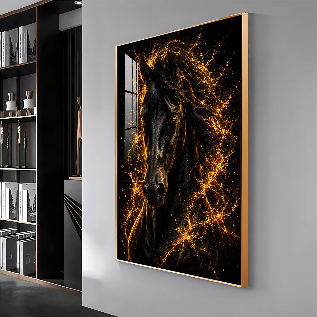 Fiery Golden Black Stallion Premium Acrylic Vertical Wall Art