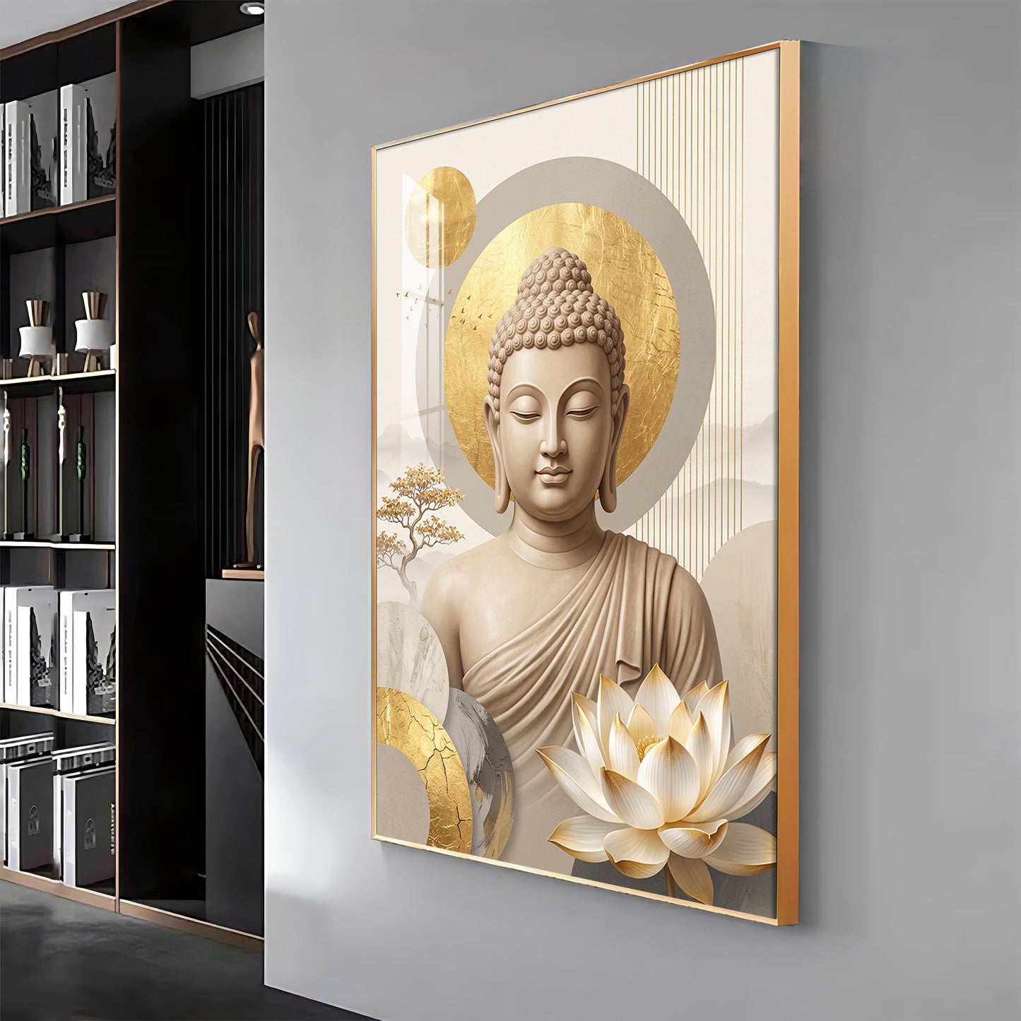 Tranquil Lord Buddha With Golden Halo & Lotus Abstract Premium Acrylic Wall art