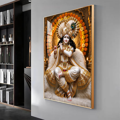 Beautiful Lord Krishna Playing The Flute Premium Acrylic Vertical Wall Art