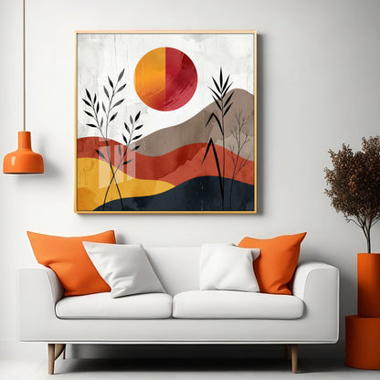 Earth-Toned Hills & Split-Color Sun Premium Acrylic Square Wall Art