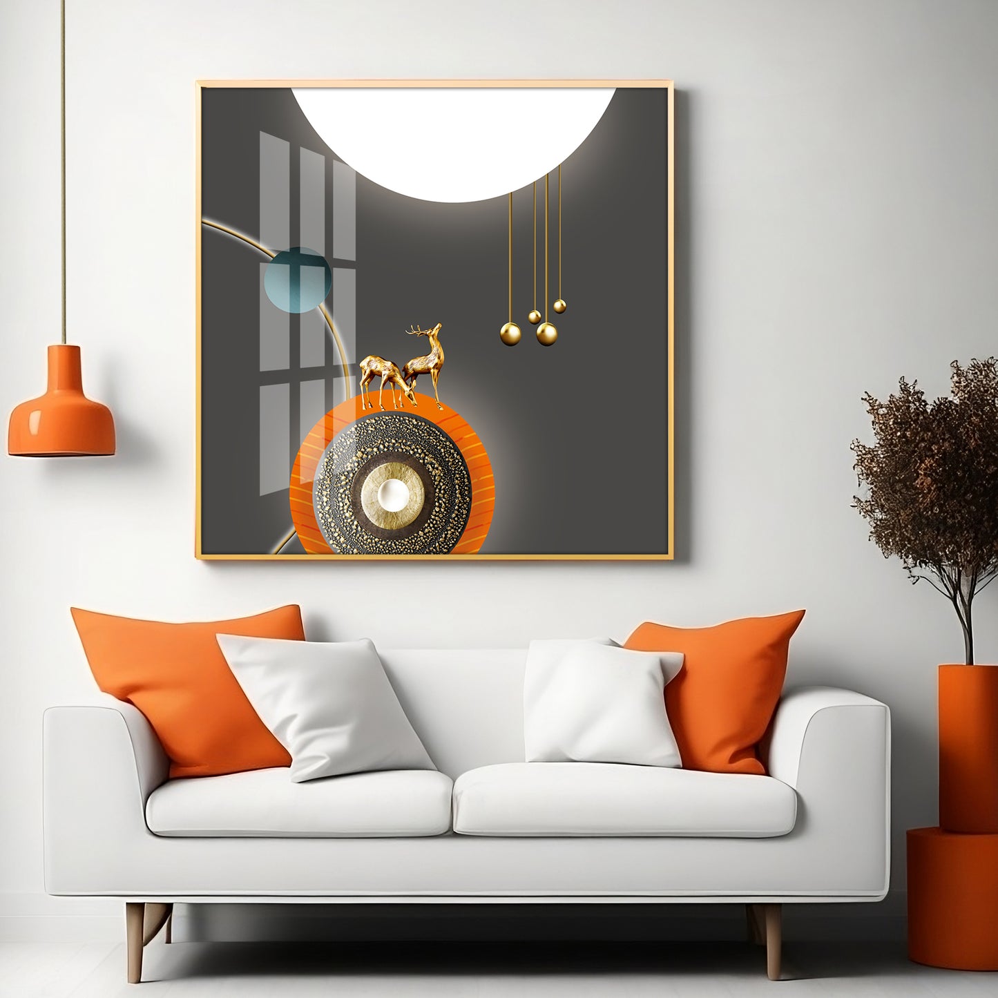 Golden Deer White & Gold Toned Design Premium Acrylic Square Wall Art