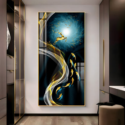Golden Deer & Fish Premium Acrylic Vertical Wall Art