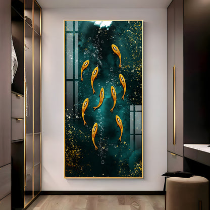Golden Koi Fishes in Greenery Premium Acrylic Vertical Wall Art