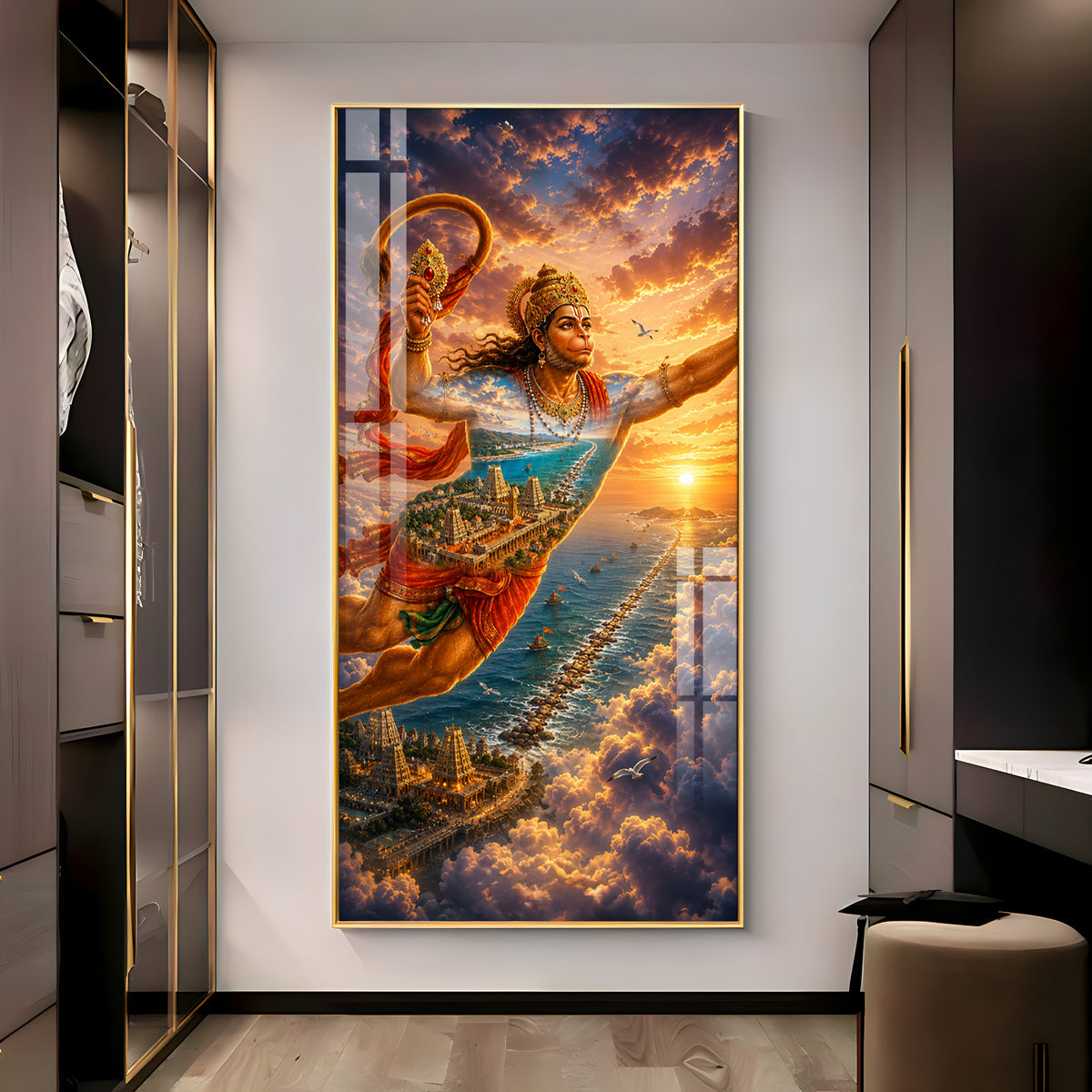 Lord Hanuman Flying Over Ocean Ram Setu Premium Acrylic Vertical Wall Art