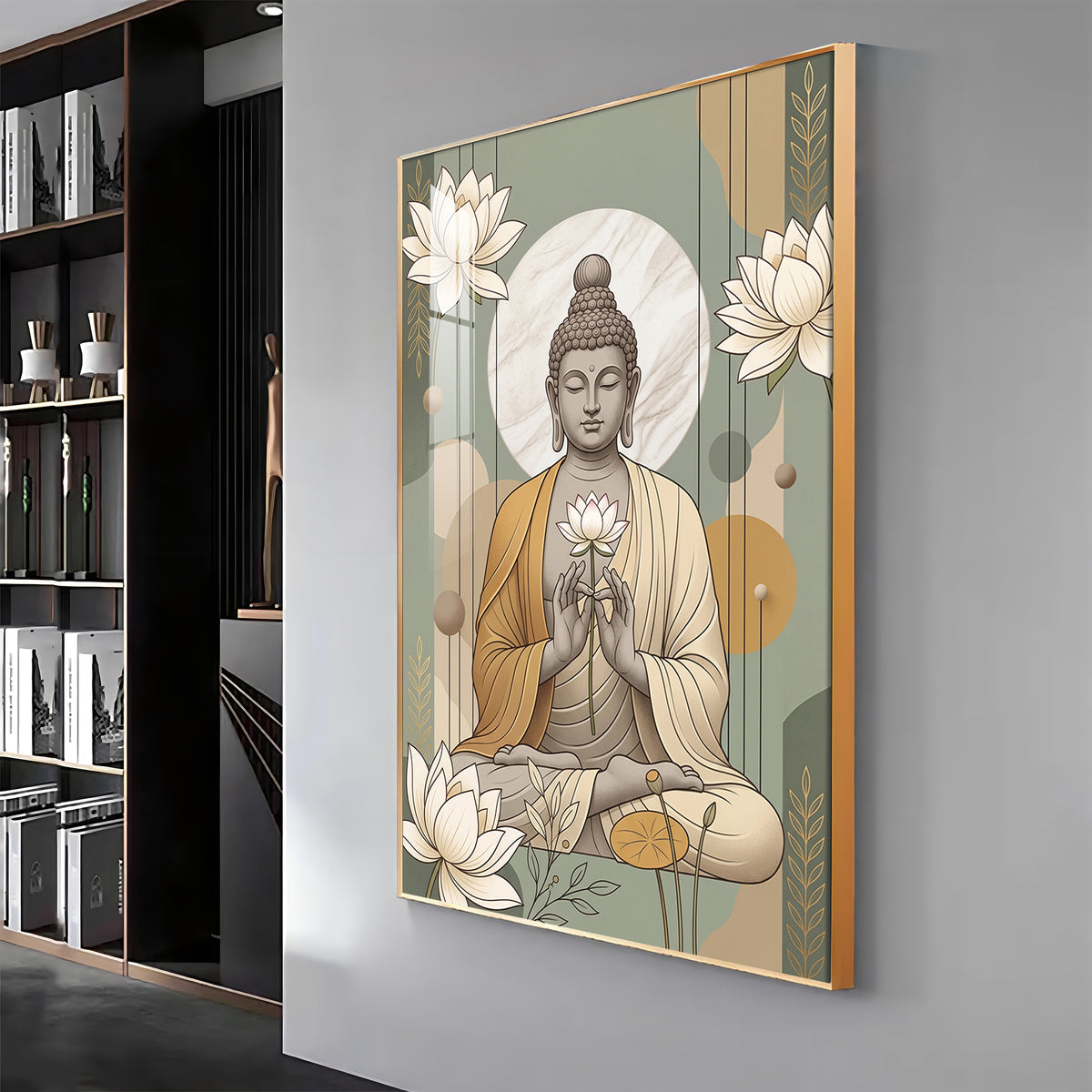 Meditating Buddha & White Lotus Premium Acrylic Vertical Wall Art