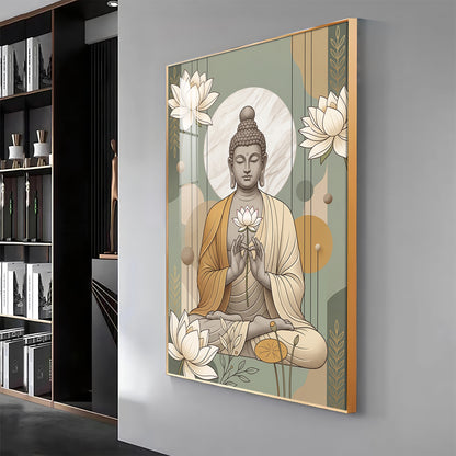 Meditating Buddha & White Lotus Premium Acrylic Vertical Wall Art
