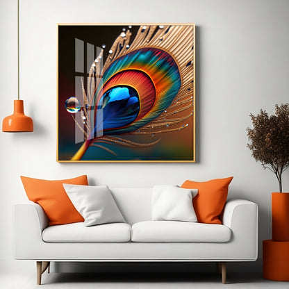 Vibrant Color Peacock Feather Premium Square Vertical Wall Art