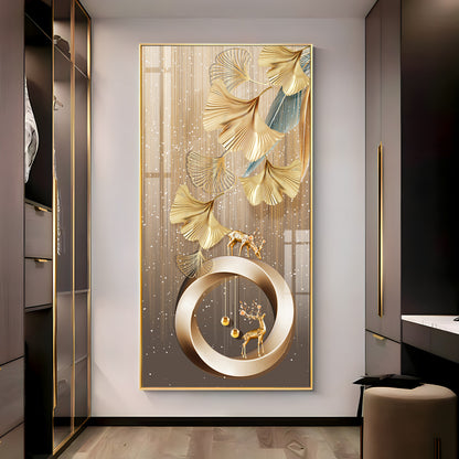 Golden Deer With Leaf Premium Acrylic Vertical Wall Art