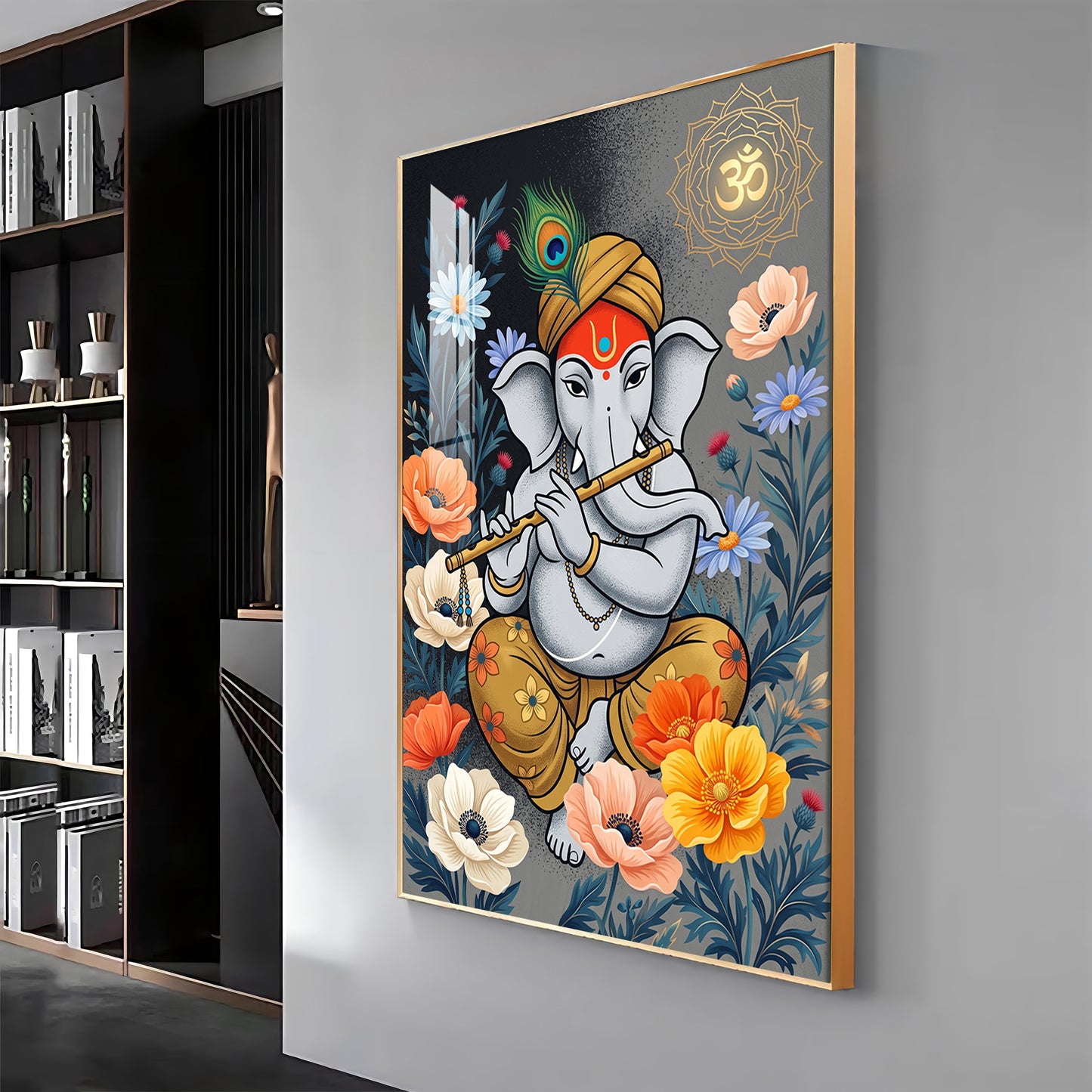 Lord Ganesha Playing Flute Premium Acrylic Vertical Wall Art