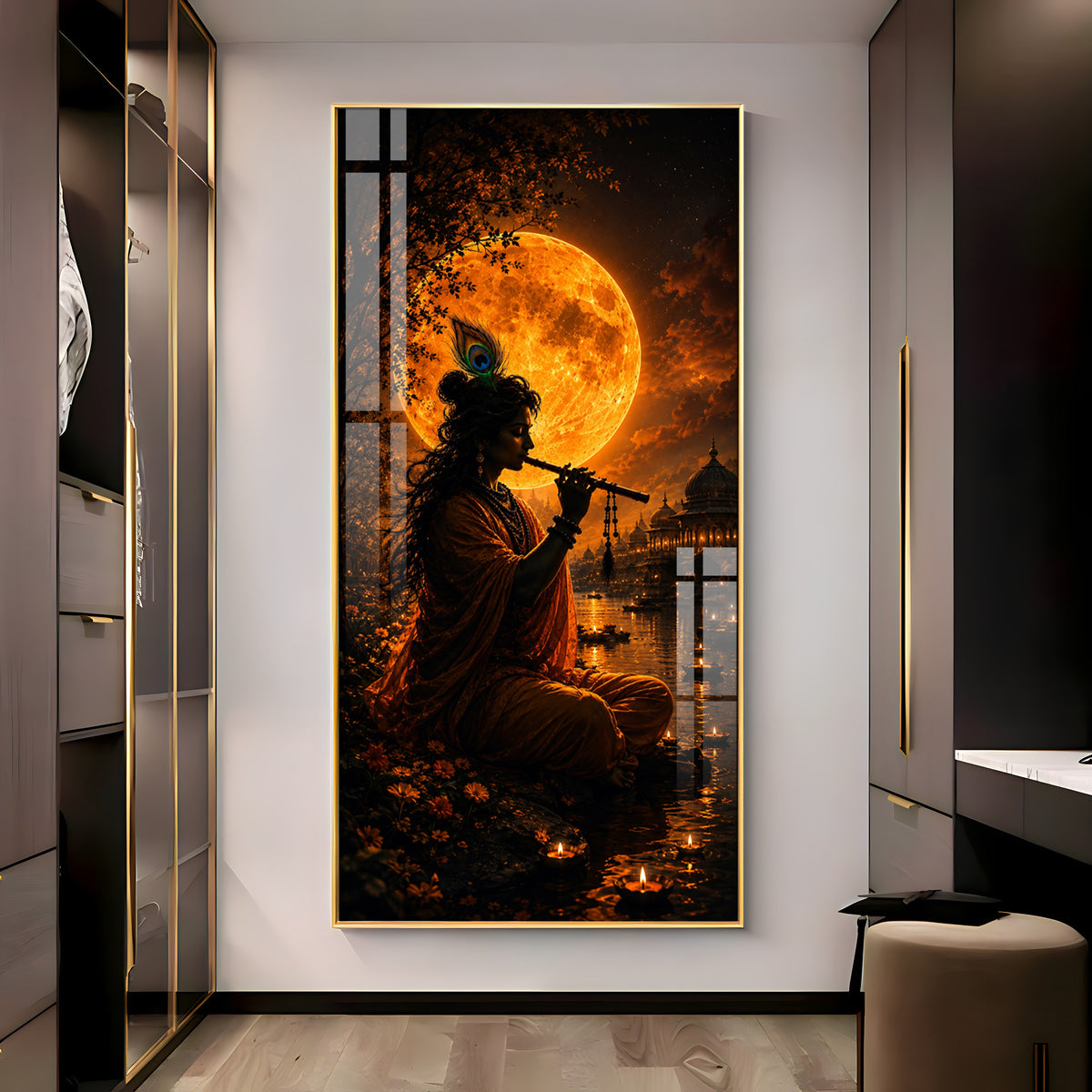 Lord Krishna Under Golden Full Moon Premium Acrylic Vertical Wall Art