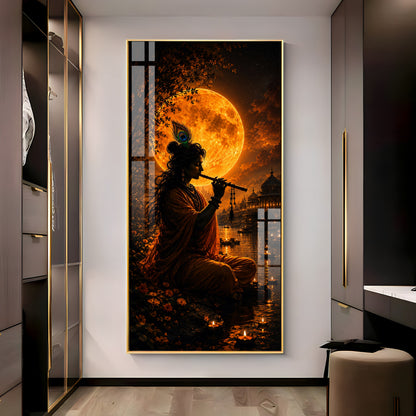 Lord Krishna Under Golden Full Moon Premium Acrylic Vertical Wall Art