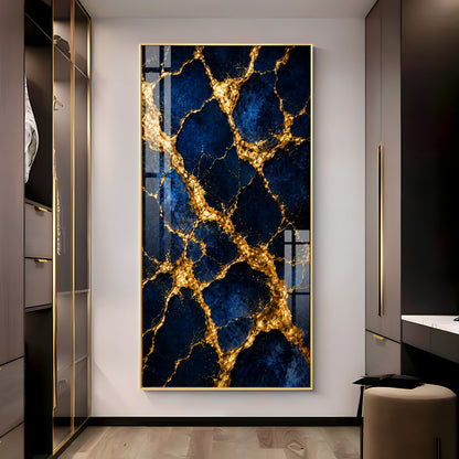 Luxurious Blue & Gold Cracked Marble Premium Acrylic Vertical Wall Art