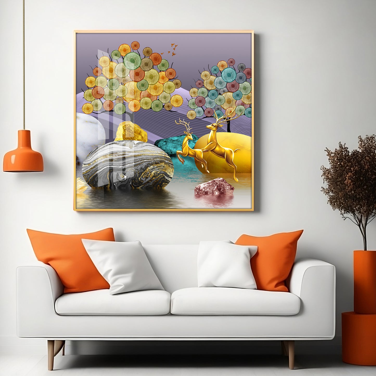Modern Colorful Background With Golden Deer Premium Acrylic Square Wall Art