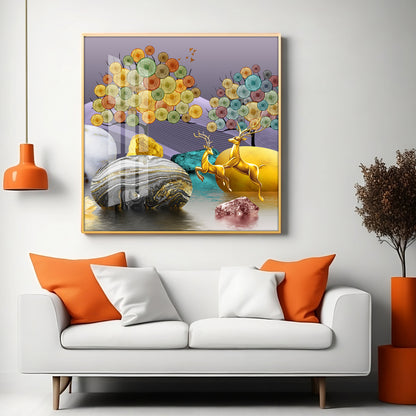 Modern Colorful Background With Golden Deer Premium Acrylic Square Wall Art