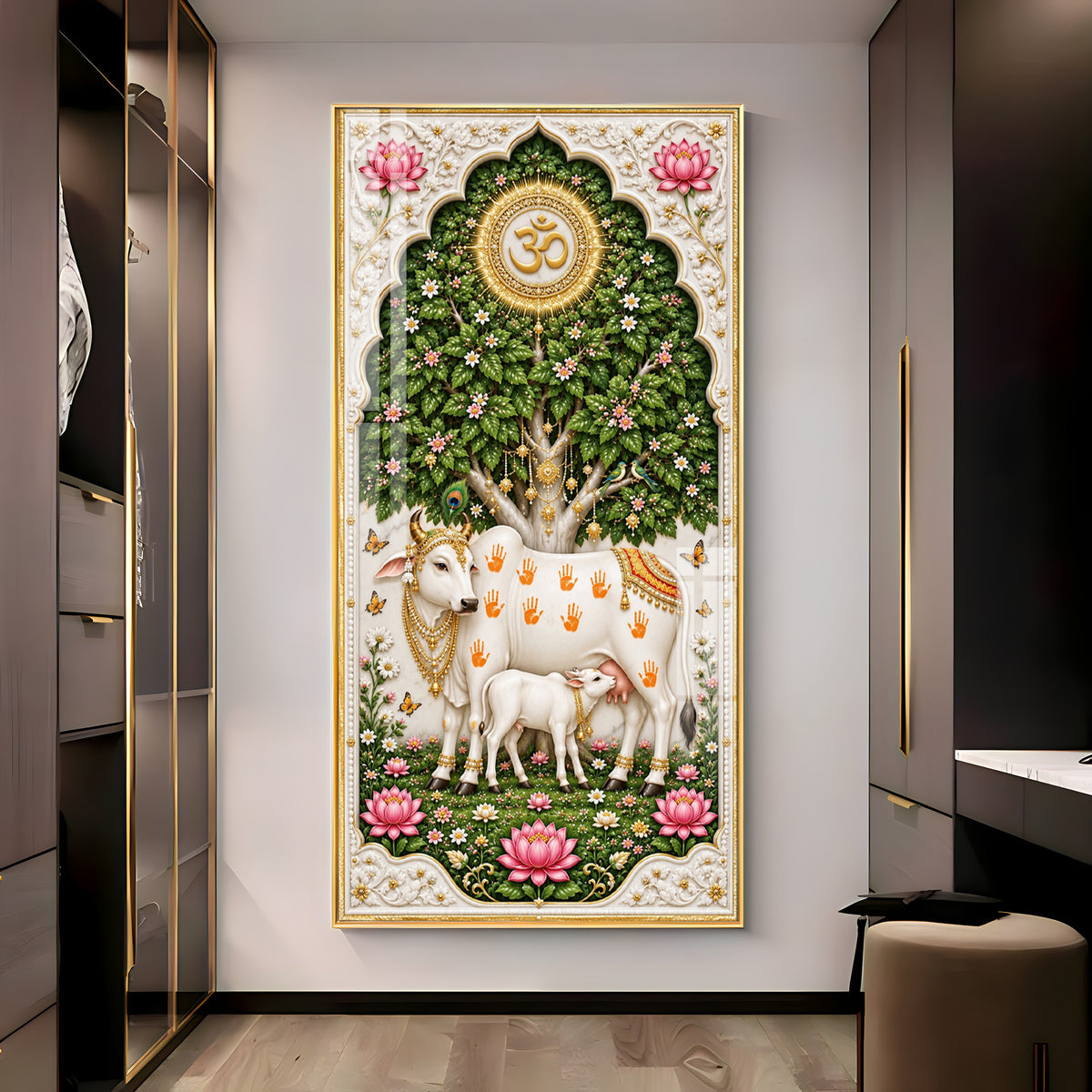Kamdhenu Cow With Calf Premium Acrylic Vertical Wall Art
