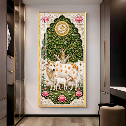 Kamdhenu Cow With Calf Premium Acrylic Vertical Wall Art