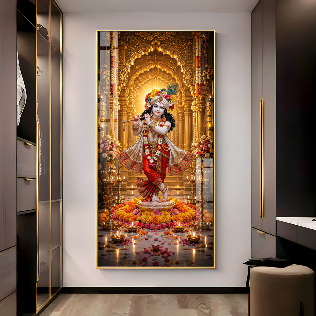 Lord Krishna With Playing Flute Premium Acrylic Vertical Wall Art