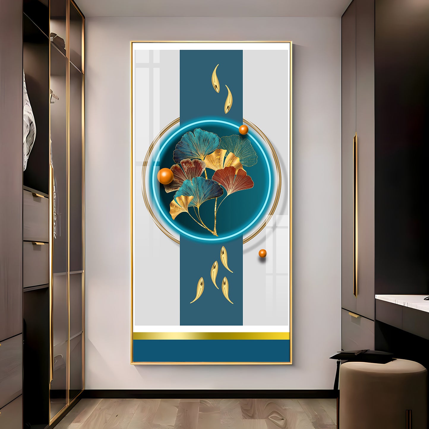 Gold Fish  With Ginkgo Leaf Premium Acrylic Vertical Wall Art