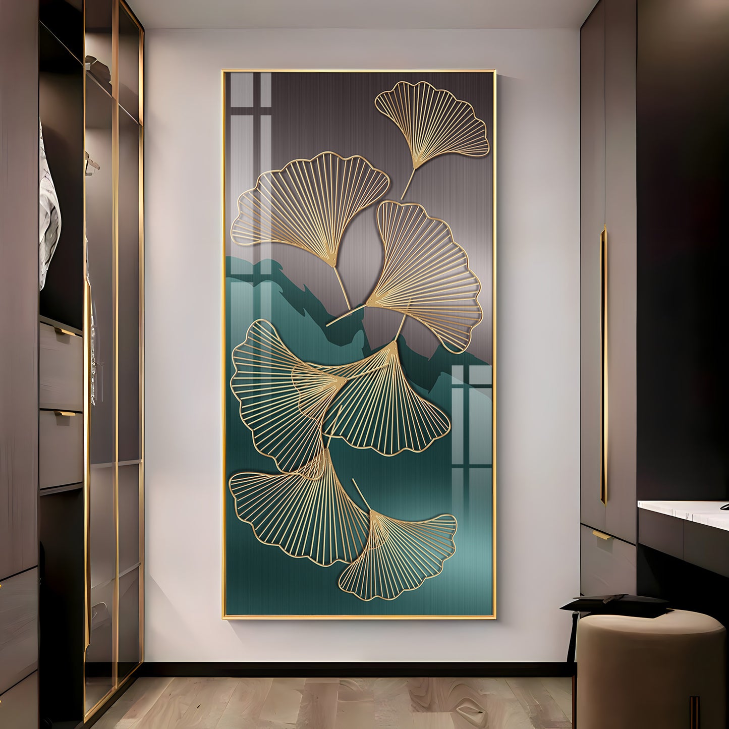Golden Ginkgo Leaves With Dark green Premium Acrylic Vertical Wall Art