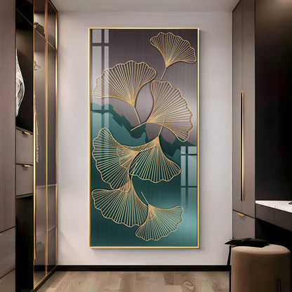 Golden Ginkgo Leaves With Dark green Premium Acrylic Vertical Wall Art
