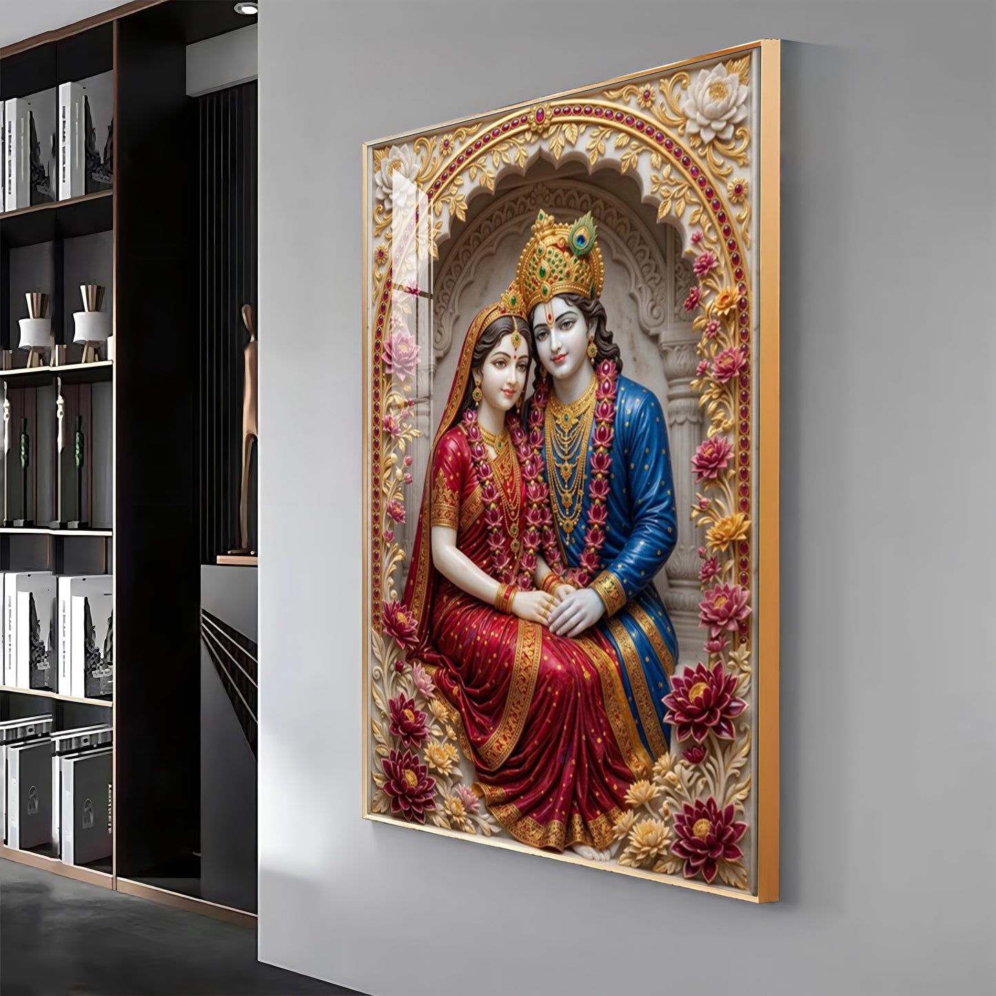 Depiction Of Radha Krishna Seated Together Premium Acrylic Vertical Wall Art