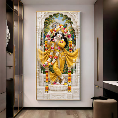 Krishna in Yellow Dress Premium Acrylic Vertical Wall Art