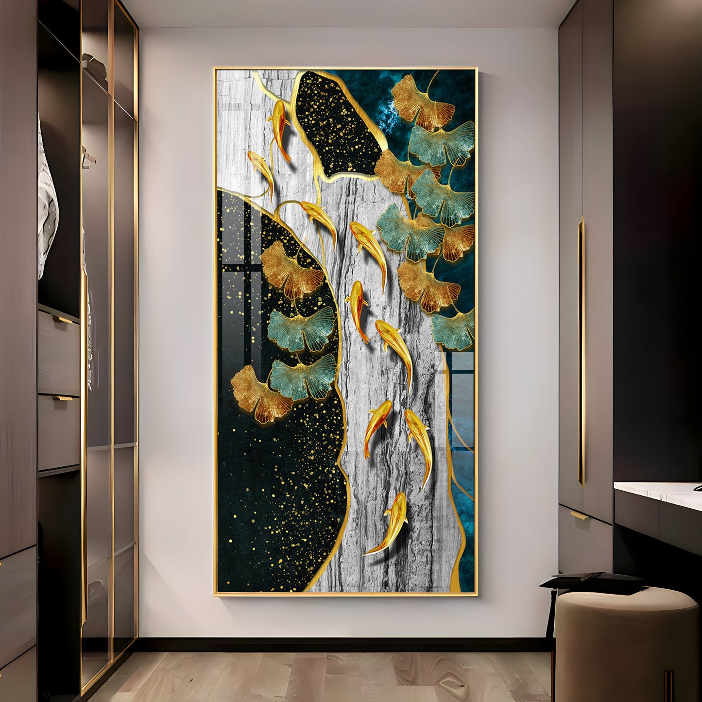 Gold Fish & Feathers Premium Acrylic Vertical Wall Art