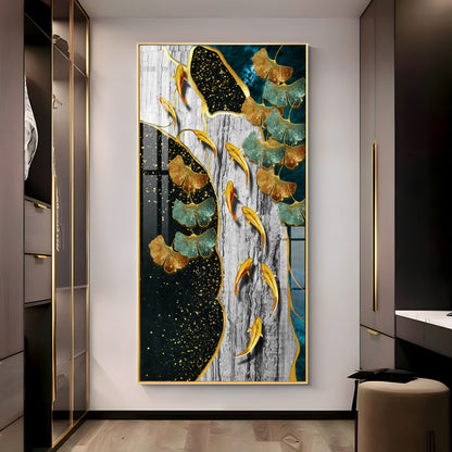 Gold Fish & Feathers Premium Acrylic Vertical Wall Art