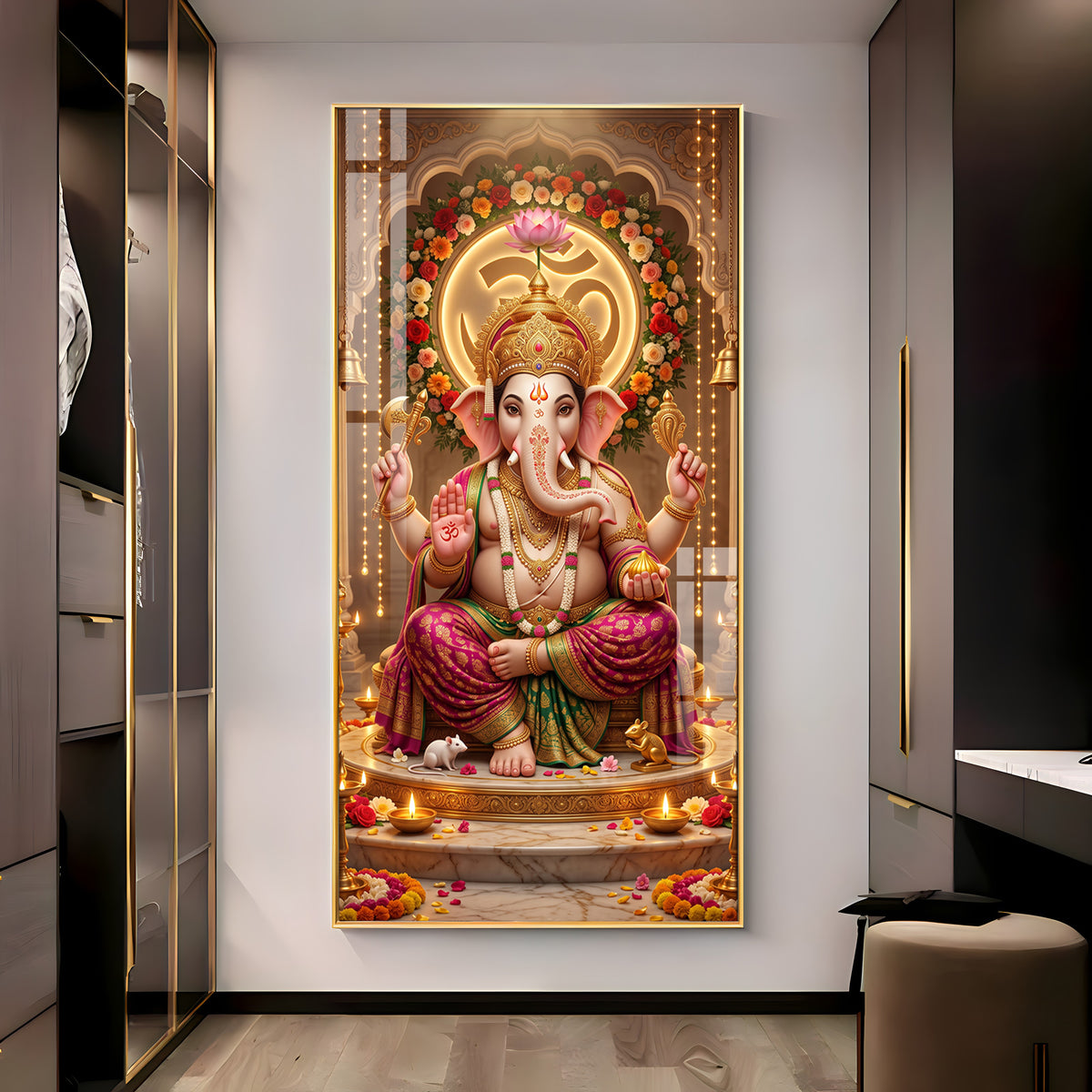 Ganapati Bappa Floral Om Premium Acrylic Vertical Wall Art