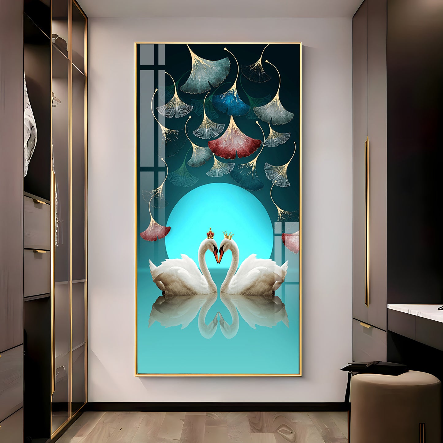 Couple Swan With Ginkgo Leaves Premium Acrylic Vertical Wall Art