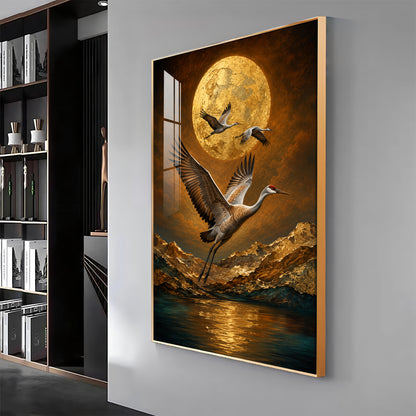 Golden Moon & Flying Cranes Premium Acrylic Vertical Wall Art