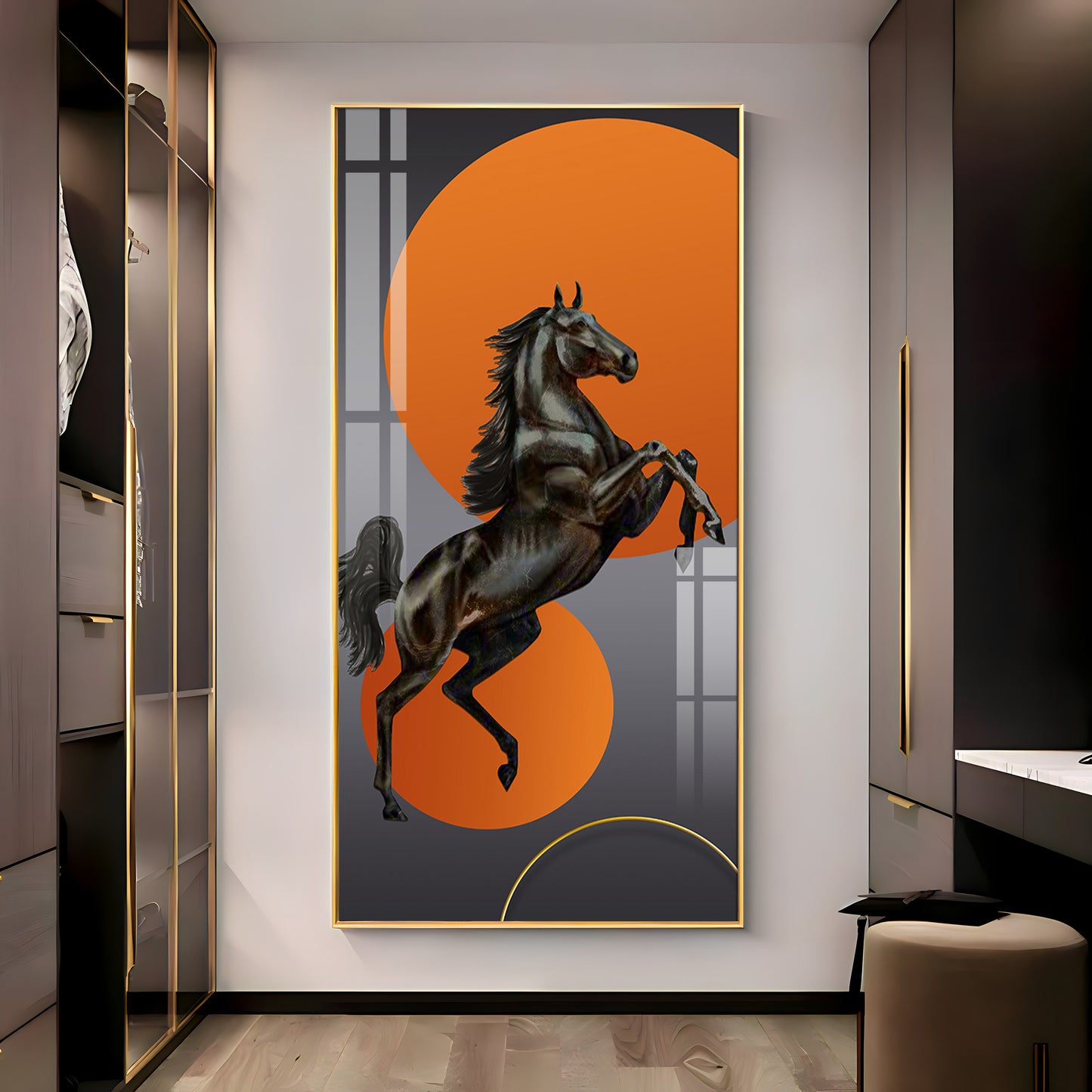 Black Horse With Vibrant Orange Background Premium Acrylic Vertical Wall Art