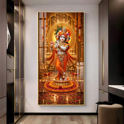 Divine Lord Krishna Playing Flute Premium Acrylic Vertical Wall Art