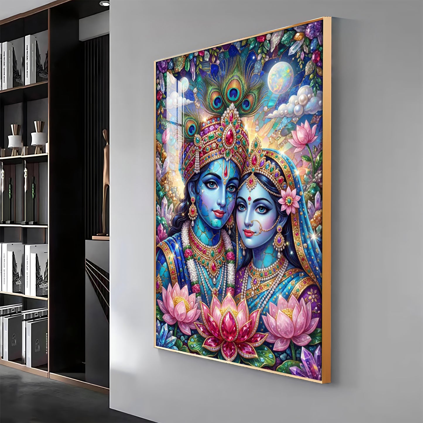 Radha Krishna With Blooming Lotus Flowers Premium Acrylic Vertical Wall Art
