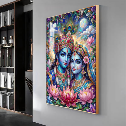 Radha Krishna With Blooming Lotus Flowers Premium Acrylic Vertical Wall Art