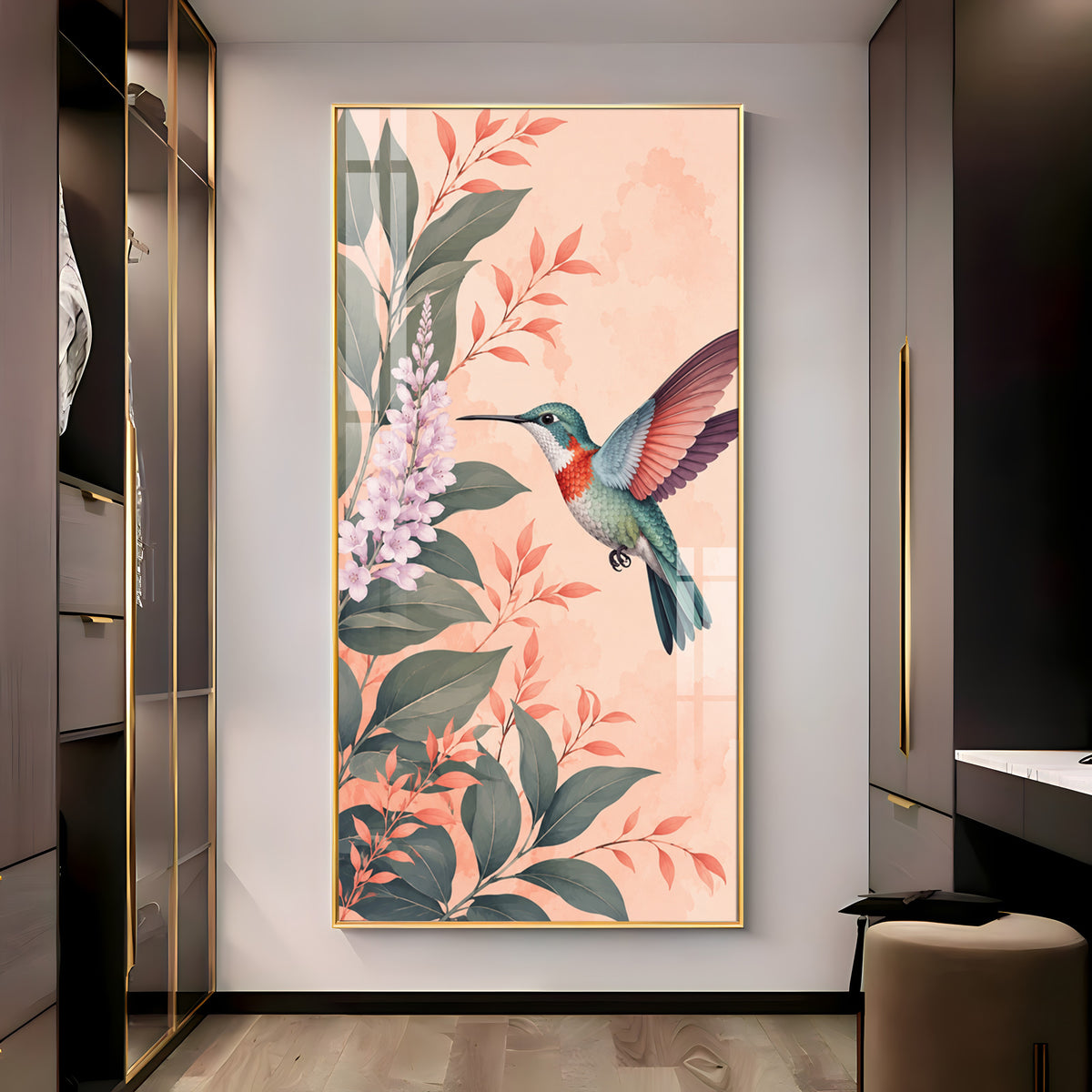 Hummingbird & Botanical Flowers Premium Acrylic Vertical Wall Art