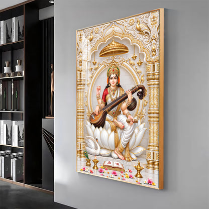 Divine Saraswati Devi Premium Acrylic Vertical Wall Art