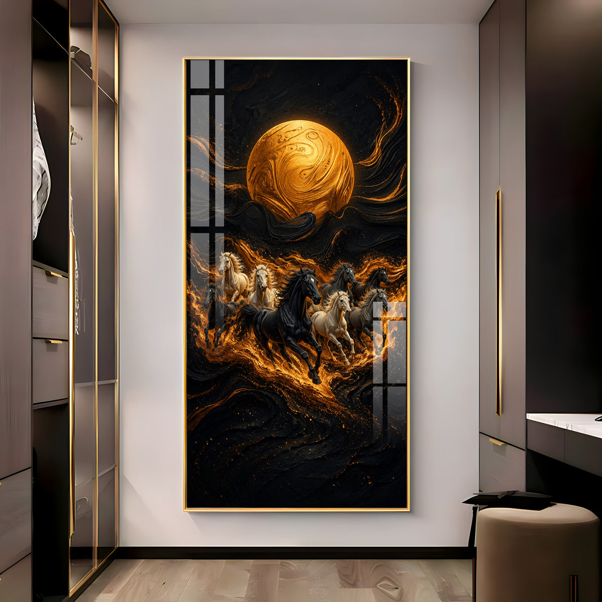 Majestic Running Horses & Golden Moon Premium Acrylic Vertical Wall Art