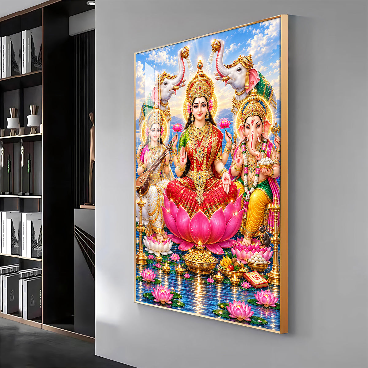 Maa Lakshmi, Saraswati & Ganesha Premium Acrylic Vertical Wall Art
