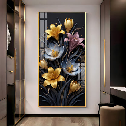 Metallic Floral Bouquet Gold & Blue Lilies Premium Acrylic Vertical Wall Art
