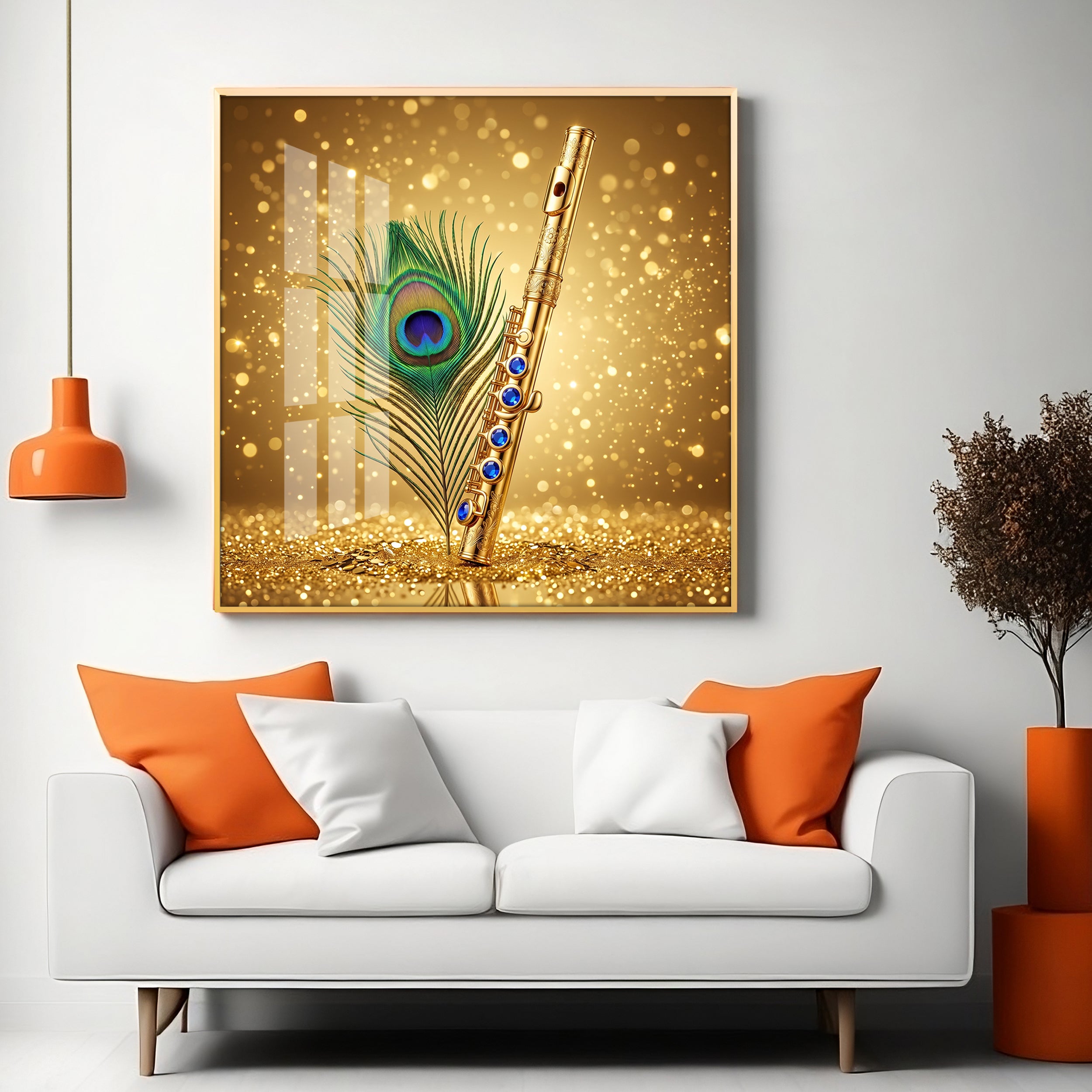 Flute With Peacock Feather Premium Acrylic Square Wall Art