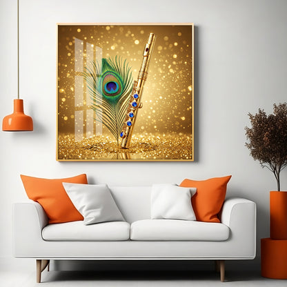 Flute With Peacock Feather Premium Acrylic Square Wall Art