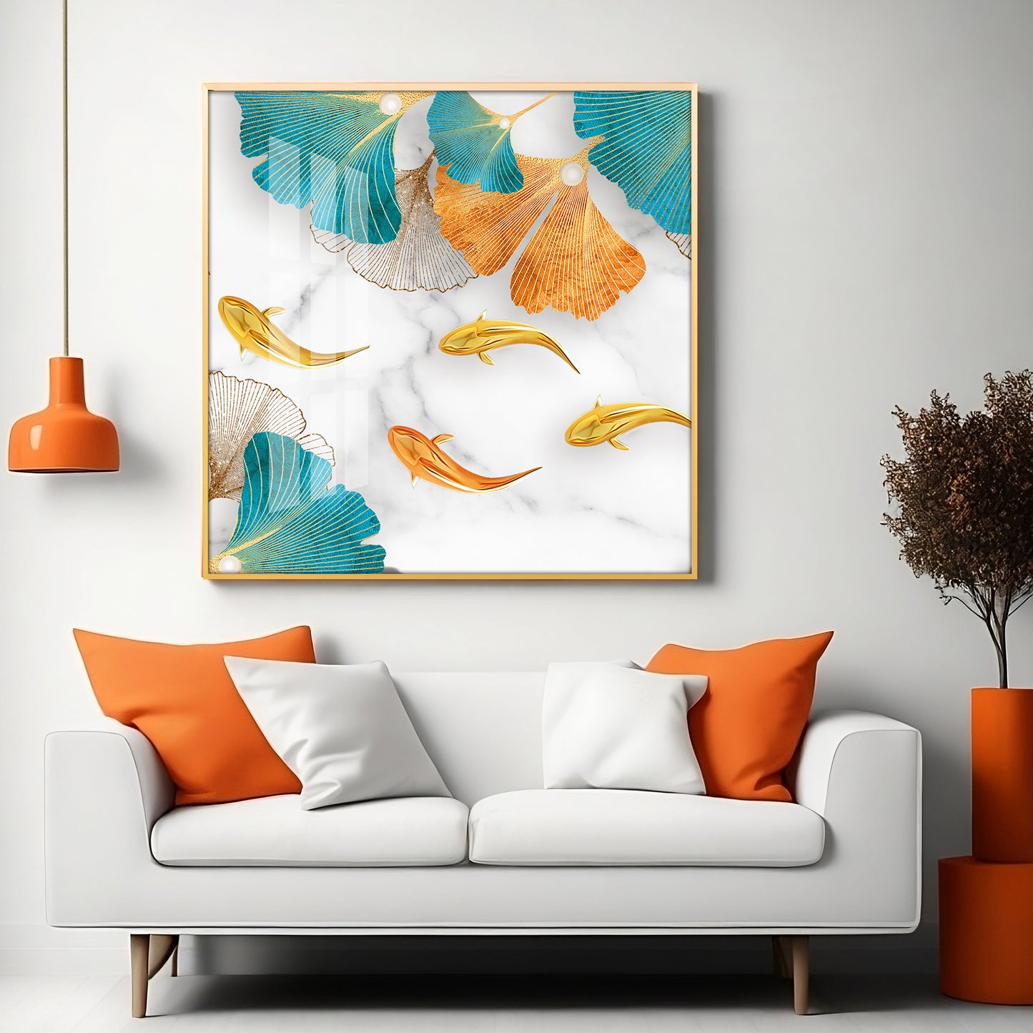 Fishes With Blue & Golden Leaf Premium Acrylic Square Wall Art