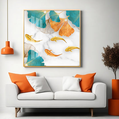 Fishes With Blue & Golden Leaf Premium Acrylic Square Wall Art