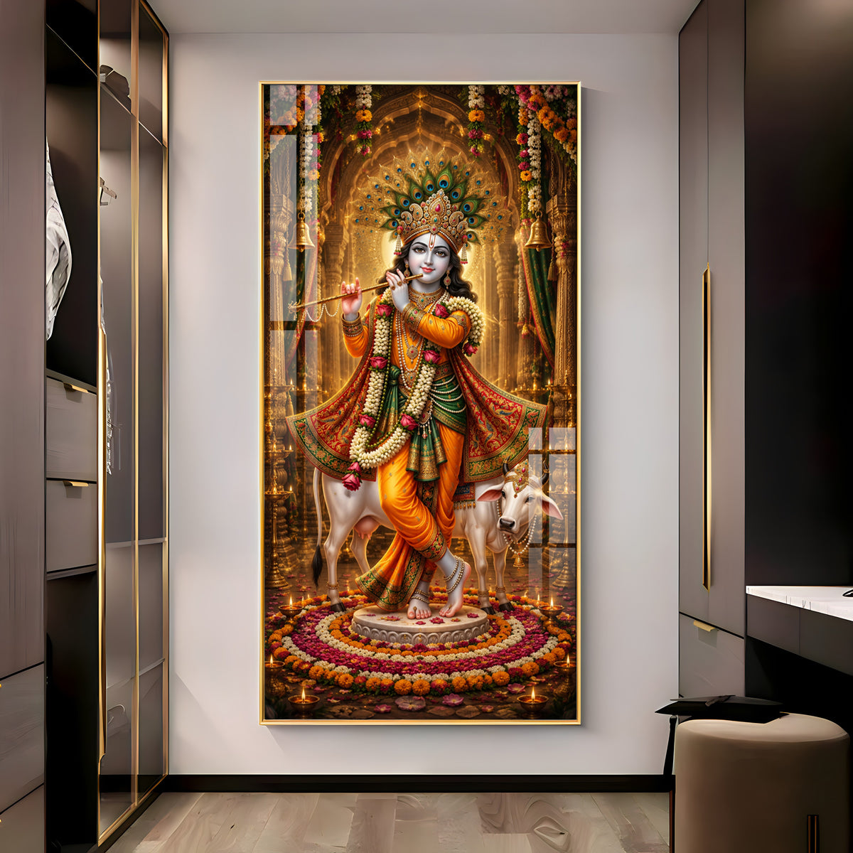 Divine Lord Krishna with Kamadhenu Cow Premium Acrylic Vertical Wall Art