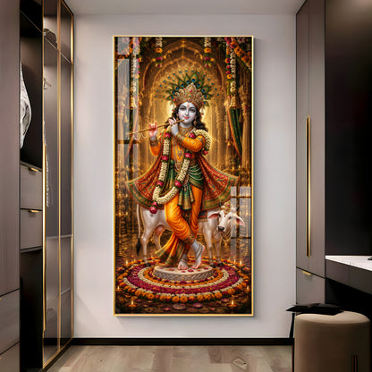 Divine Lord Krishna with Kamadhenu Cow Premium Acrylic Vertical Wall Art